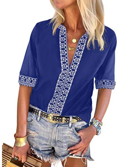 Chase Secret Womens Casual V Neck Shirt Boho Print Short Sleeve Tops Loose Blouse (S-XXL)