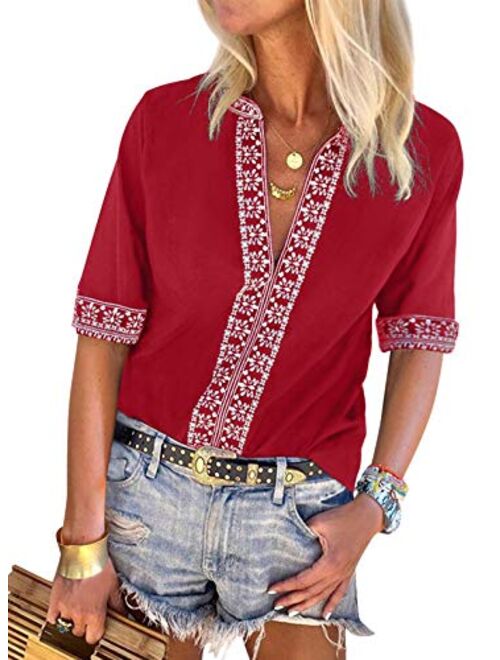 Chase Secret Womens Casual V Neck Shirt Boho Print Short Sleeve Tops Loose Blouse (S-XXL)