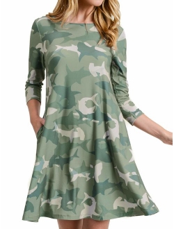 Women's Printed Crew Neck A-Line Dresses with Pockets Casual Tropical Floral Novelty Animal Christmas Patterns