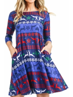 Women's Printed Crew Neck A-Line Dresses with Pockets Casual Tropical Floral Novelty Animal Christmas Patterns