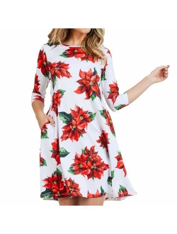 Women's Printed Crew Neck A-Line Dresses with Pockets Casual Tropical Floral Novelty Animal Christmas Patterns