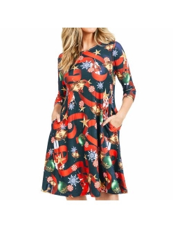 Women's Printed Crew Neck A-Line Dresses with Pockets Casual Tropical Floral Novelty Animal Christmas Patterns