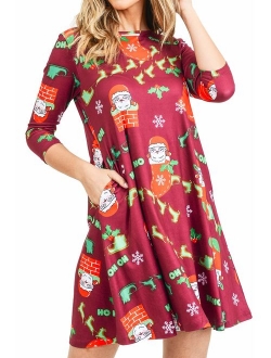 Women's Printed Crew Neck A-Line Dresses with Pockets Casual Tropical Floral Novelty Animal Christmas Patterns