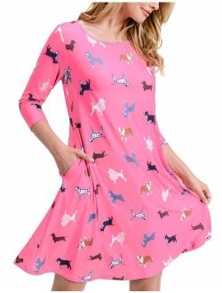 Women's Printed Crew Neck A-Line Dresses with Pockets Casual Tropical Floral Novelty Animal Christmas Patterns