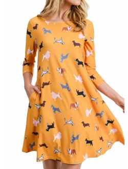 Women's Printed Crew Neck A-Line Dresses with Pockets Casual Tropical Floral Novelty Animal Christmas Patterns