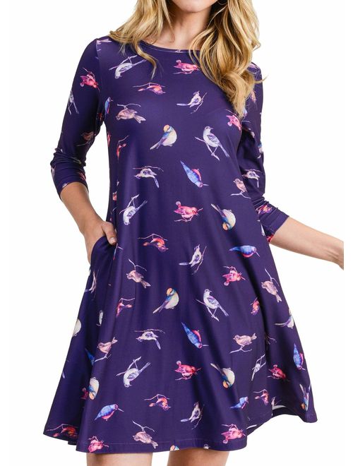 Women's Printed Crew Neck A-Line Dresses with Pockets Casual Tropical Floral Novelty Animal Christmas Patterns