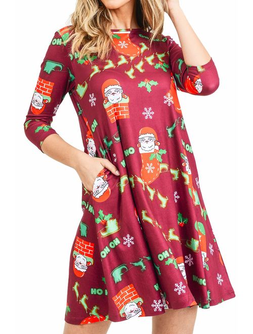 Women's Printed Crew Neck A-Line Dresses with Pockets Casual Tropical Floral Novelty Animal Christmas Patterns