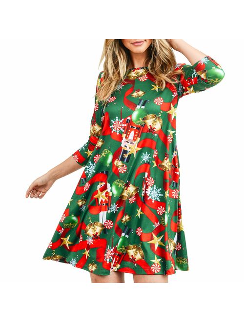 Women's Printed Crew Neck A-Line Dresses with Pockets Casual Tropical Floral Novelty Animal Christmas Patterns