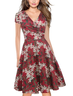 oxiuly Women's Criss-Cross V-Neck Cap Half Sleeve Floral Casual Work Party Tea Swing Dress OX233