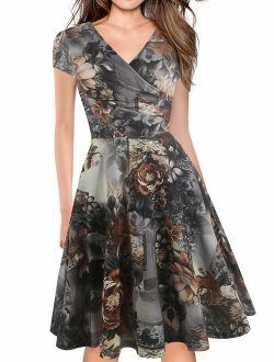 oxiuly Women's Criss-Cross V-Neck Cap Half Sleeve Floral Casual Work Party Tea Swing Dress OX233