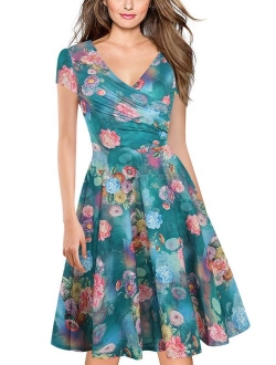 oxiuly Women's Criss-Cross V-Neck Cap Half Sleeve Floral Casual Work Party Tea Swing Dress OX233