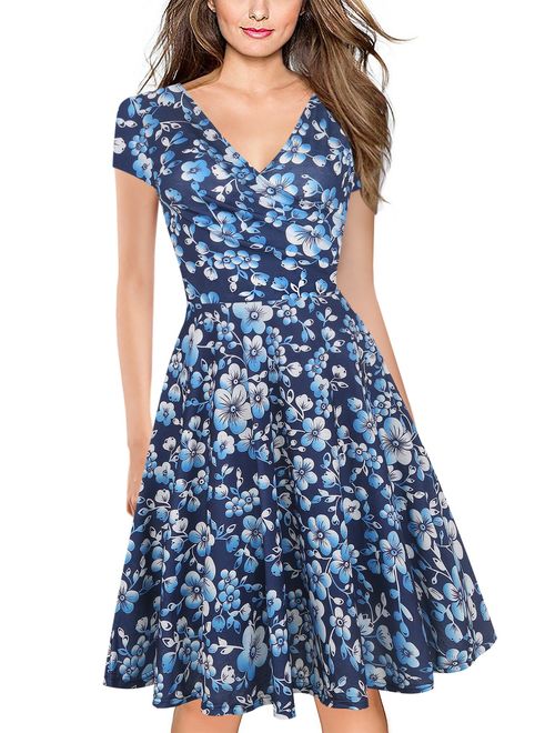 oxiuly Women's Criss-Cross V-Neck Cap Half Sleeve Floral Casual Work Party Tea Swing Dress OX233