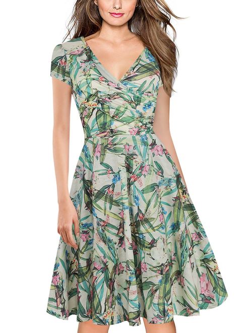 oxiuly Women's Criss-Cross V-Neck Cap Half Sleeve Floral Casual Work Party Tea Swing Dress OX233