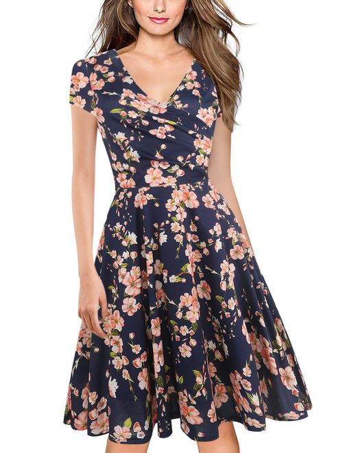 oxiuly Women's Criss-Cross V-Neck Cap Half Sleeve Floral Casual Work Party Tea Swing Dress OX233