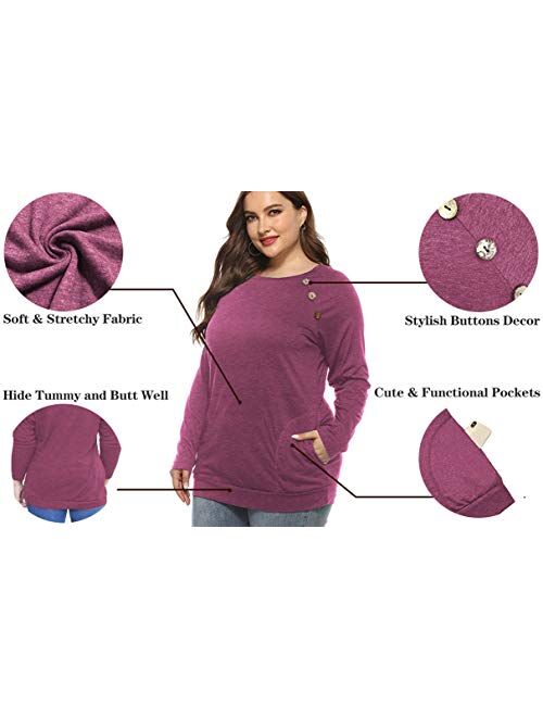 VISLILY Women's Plus Size Tops Long Sleeve Buttons Casual Shirt with Pockets