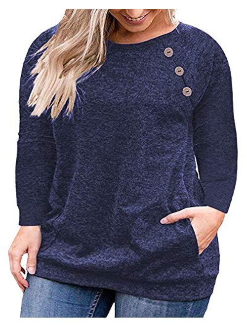 VISLILY Women's Plus Size Tops Long Sleeve Buttons Casual Shirt with Pockets