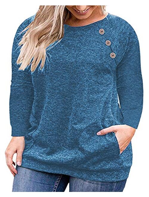 VISLILY Women's Plus Size Tops Long Sleeve Buttons Casual Shirt with Pockets