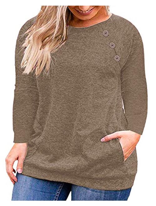 VISLILY Women's Plus Size Tops Long Sleeve Buttons Casual Shirt with Pockets