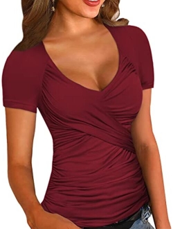 Zeagoo Women's Cross-Front V Neck Ruched Cap Sleeve Blouse