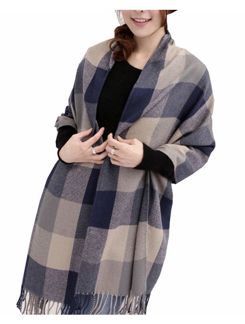 Wander Agio Women's Fashion Long Shawl Big Grid Winter Warm Lattice Large Scarf