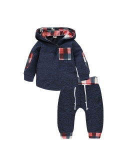 Kids Toddler Infant Baby Boys Girls Fall Outfit Plaid Pocket Hoodie Sweatshirt Jackets Shirt+Pants Winter Clothes Set