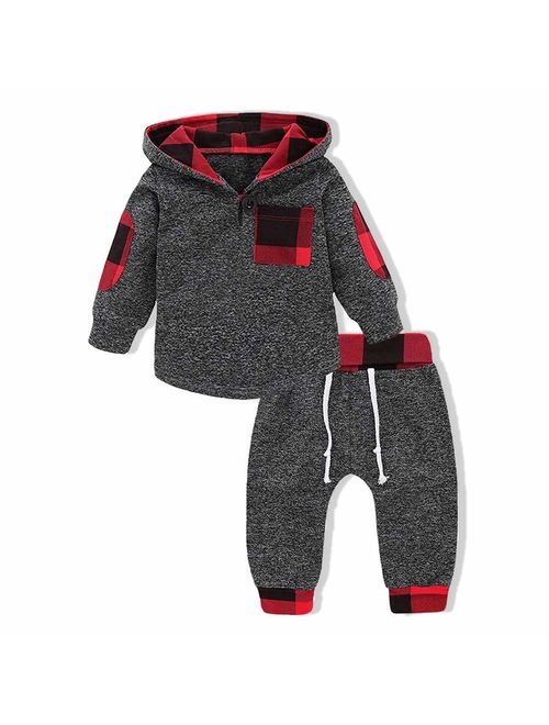 Kids Toddler Infant Baby Boys Girls Fall Outfit Plaid Pocket Hoodie Sweatshirt Jackets Shirt+Pants Winter Clothes Set