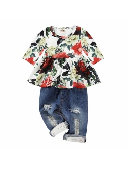 CARETOO Girls Clothes Outfits, Cute Baby Girl Floral Long Sleeve Pant Set Flower Ruffle Top