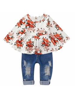 CARETOO Girls Clothes Outfits, Cute Baby Girl Floral Long Sleeve Pant Set Flower Ruffle Top