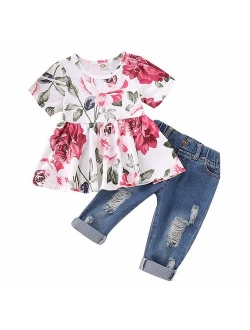 CARETOO Girls Clothes Outfits, Cute Baby Girl Floral Long Sleeve Pant Set Flower Ruffle Top