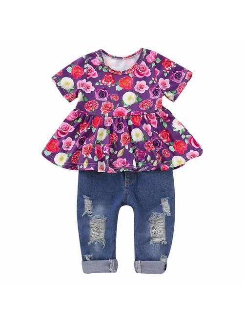 CARETOO Girls Clothes Outfits, Cute Baby Girl Floral Long Sleeve Pant Set Flower Ruffle Top