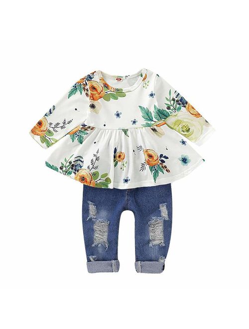 CARETOO Girls Clothes Outfits, Cute Baby Girl Floral Long Sleeve Pant Set Flower Ruffle Top