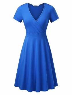 MSBASIC Women's Deep V Neck Short Sleeve Unique Cross Wrap Casual Flared Midi Dress