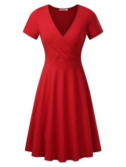 MSBASIC Women's Deep V Neck Short Sleeve Unique Cross Wrap Casual Flared Midi Dress