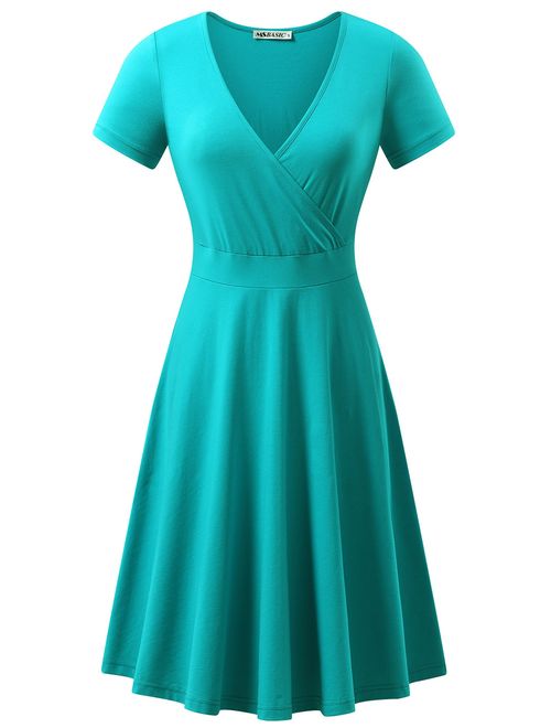 MSBASIC Women's Deep V Neck Short Sleeve Unique Cross Wrap Casual Flared Midi Dress