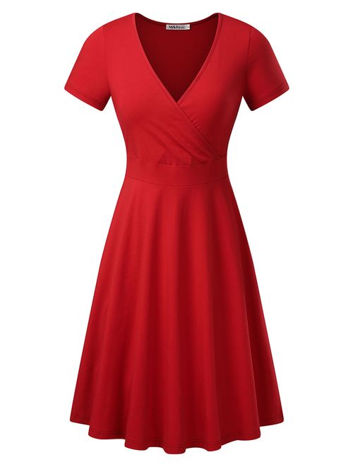 MSBASIC Women's Deep V Neck Short Sleeve Unique Cross Wrap Casual Flared Midi Dress