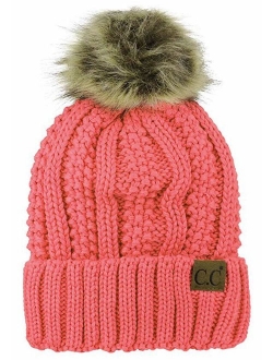 C.C Thick Cable Knit Faux Fuzzy Fur Pom Fleece Lined Skull Cap Cuff Beanie