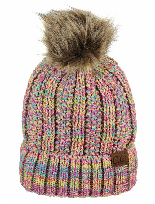 C.C Thick Cable Knit Faux Fuzzy Fur Pom Fleece Lined Skull Cap Cuff Beanie