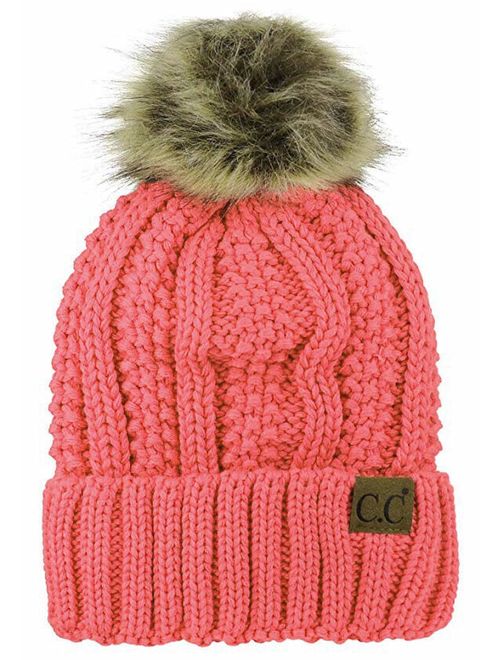 C.C Thick Cable Knit Faux Fuzzy Fur Pom Fleece Lined Skull Cap Cuff Beanie