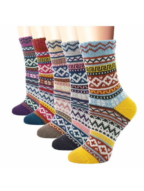 YZKKE 5Pack Womens Vintage Winter Soft Warm Thick Cold Knit Wool Crew Socks, Multicolor, free size