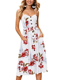 Angashion Women's Dresses-Summer Floral Bohemian Spaghetti Strap Button Down Swing Midi Dress with Pockets