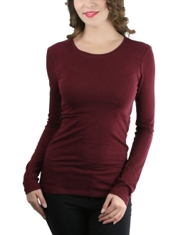 ToBeInStyle Women's Cotton-Blend Crew-Neck Staple Top with Long Sleeves