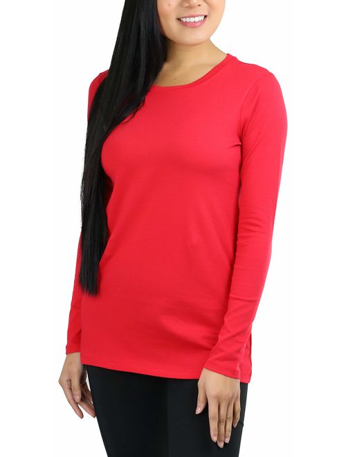 ToBeInStyle Women's Cotton-Blend Crew-Neck Staple Top with Long Sleeves