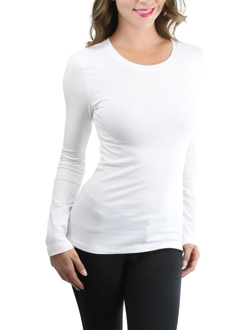 ToBeInStyle Women's Cotton-Blend Crew-Neck Staple Top with Long Sleeves