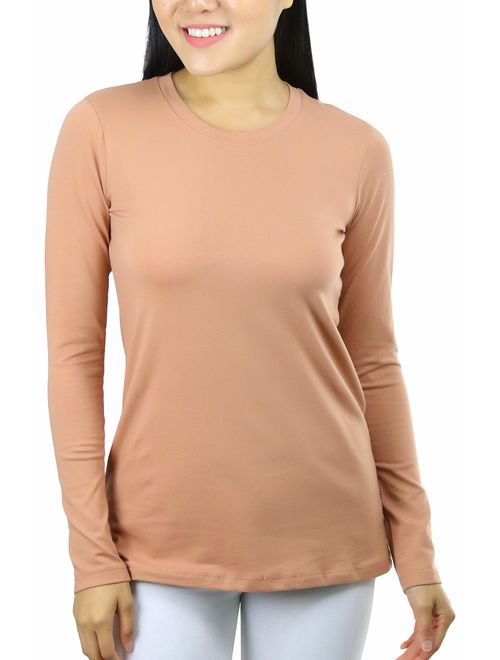 ToBeInStyle Women's Cotton-Blend Crew-Neck Staple Top with Long Sleeves