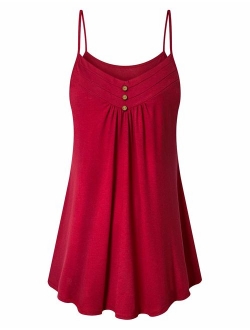 Viracy Women's Summer Button V Neck Pleated Spaghetti Strap Camisole Tank Tops