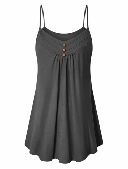 Viracy Women's Summer Button V Neck Pleated Spaghetti Strap Camisole Tank Tops