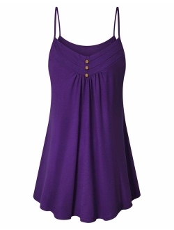 Viracy Women's Summer Button V Neck Pleated Spaghetti Strap Camisole Tank Tops