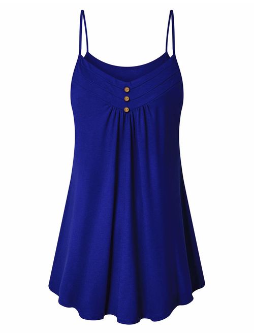 Viracy Women's Summer Button V Neck Pleated Spaghetti Strap Camisole Tank Tops