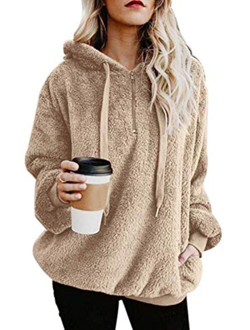 ReachMe Womens Oversized Sherpa Pullover Hoodie with Pockets Fuzzy Fleece Sweatshirt Fluffy Coat