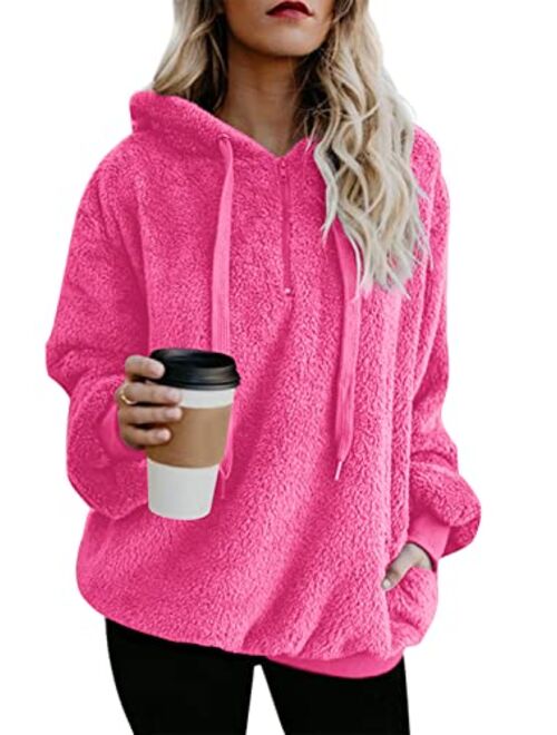 ReachMe Womens Oversized Sherpa Pullover Hoodie with Pockets Fuzzy Fleece Sweatshirt Fluffy Coat